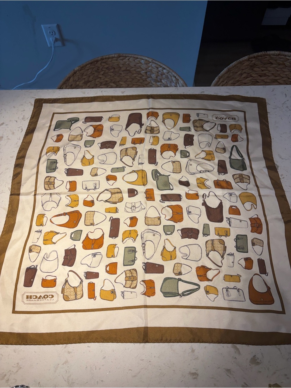 Coach Multi-Bag Print Silk Scarf in Cream, Brown, Green & Gold